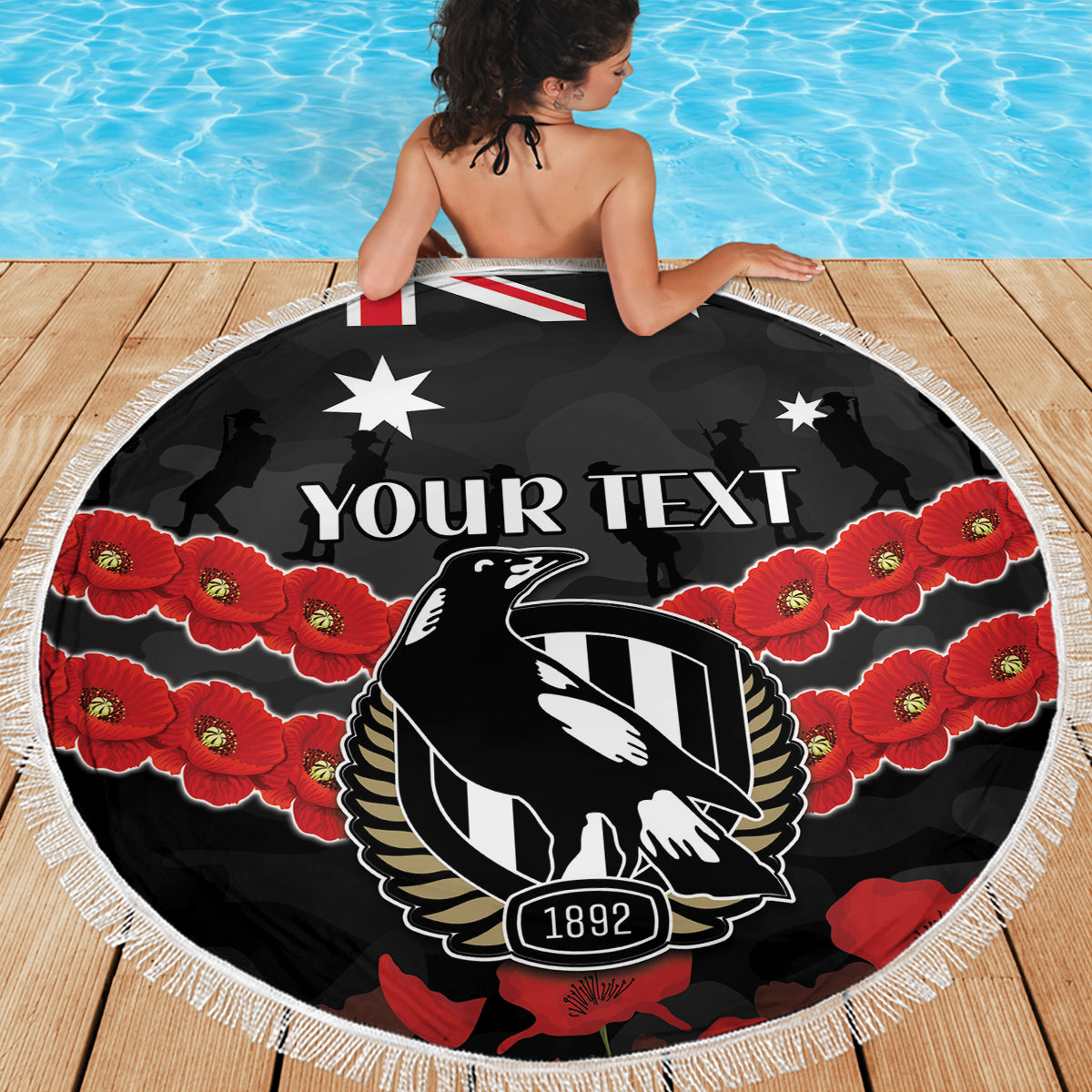 Custom Magpies Football Beach Blanket ANZAC Lest We Forget