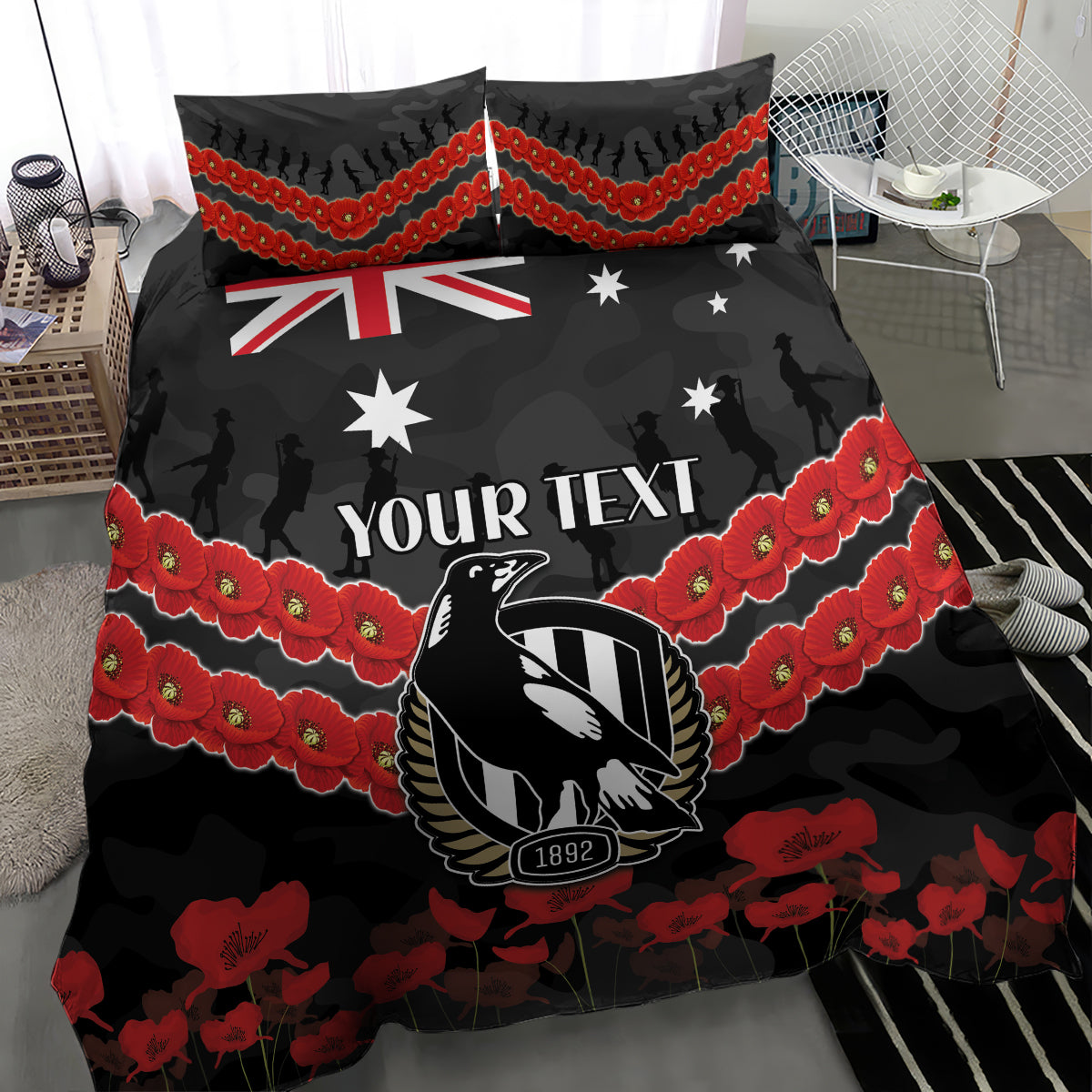 Custom Magpies Football Bedding Set ANZAC Lest We Forget