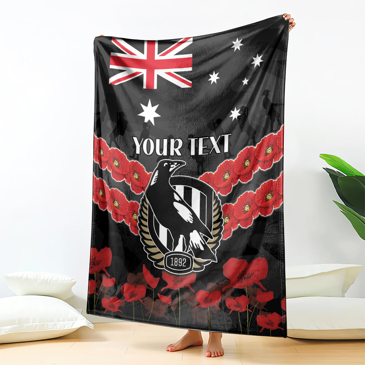 Custom Magpies Football Blanket ANZAC Lest We Forget