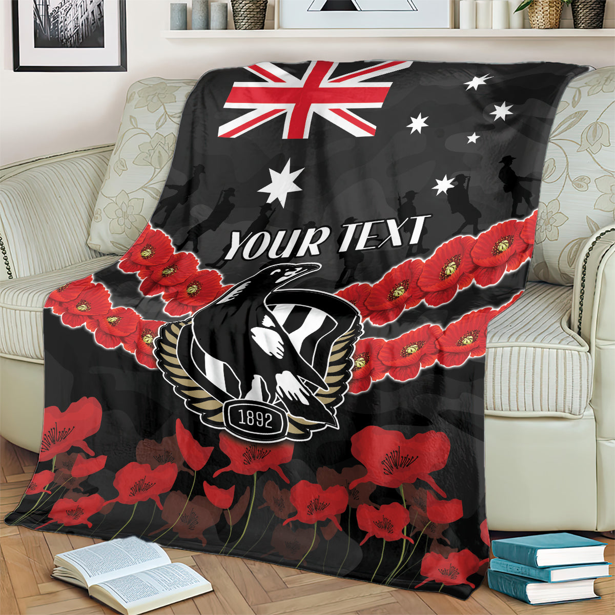 Custom Magpies Football Blanket ANZAC Lest We Forget