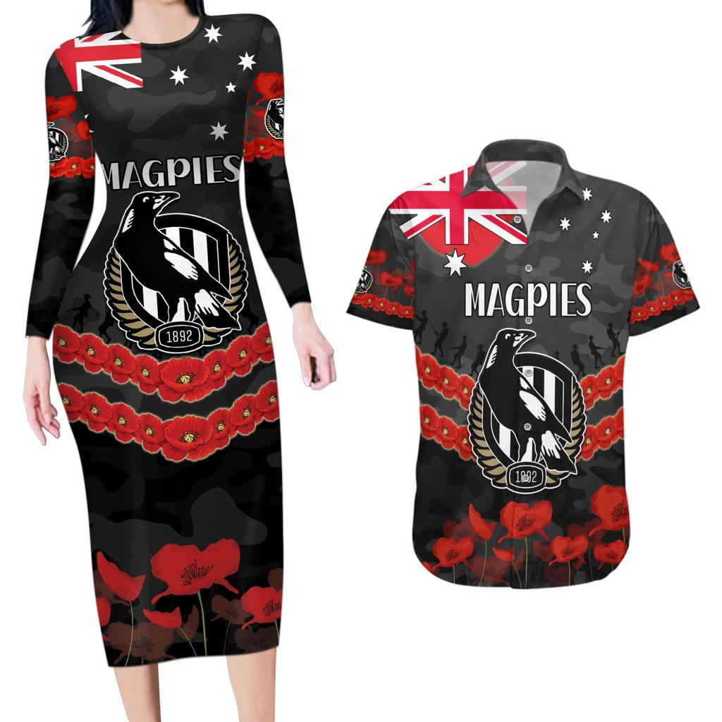Custom Magpies Football Couples Matching Long Sleeve Bodycon Dress and Hawaiian Shirt ANZAC Lest We Forget