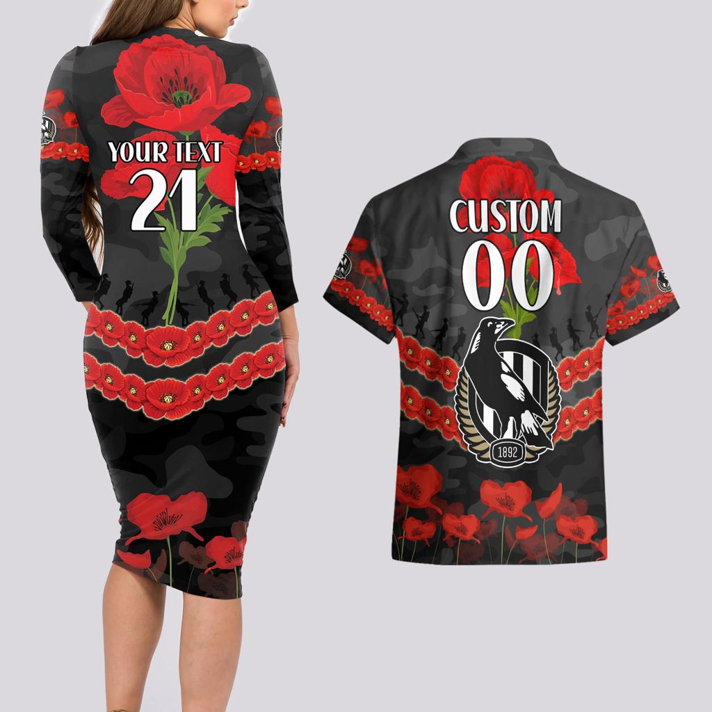 Custom Magpies Football Couples Matching Long Sleeve Bodycon Dress and Hawaiian Shirt ANZAC Lest We Forget
