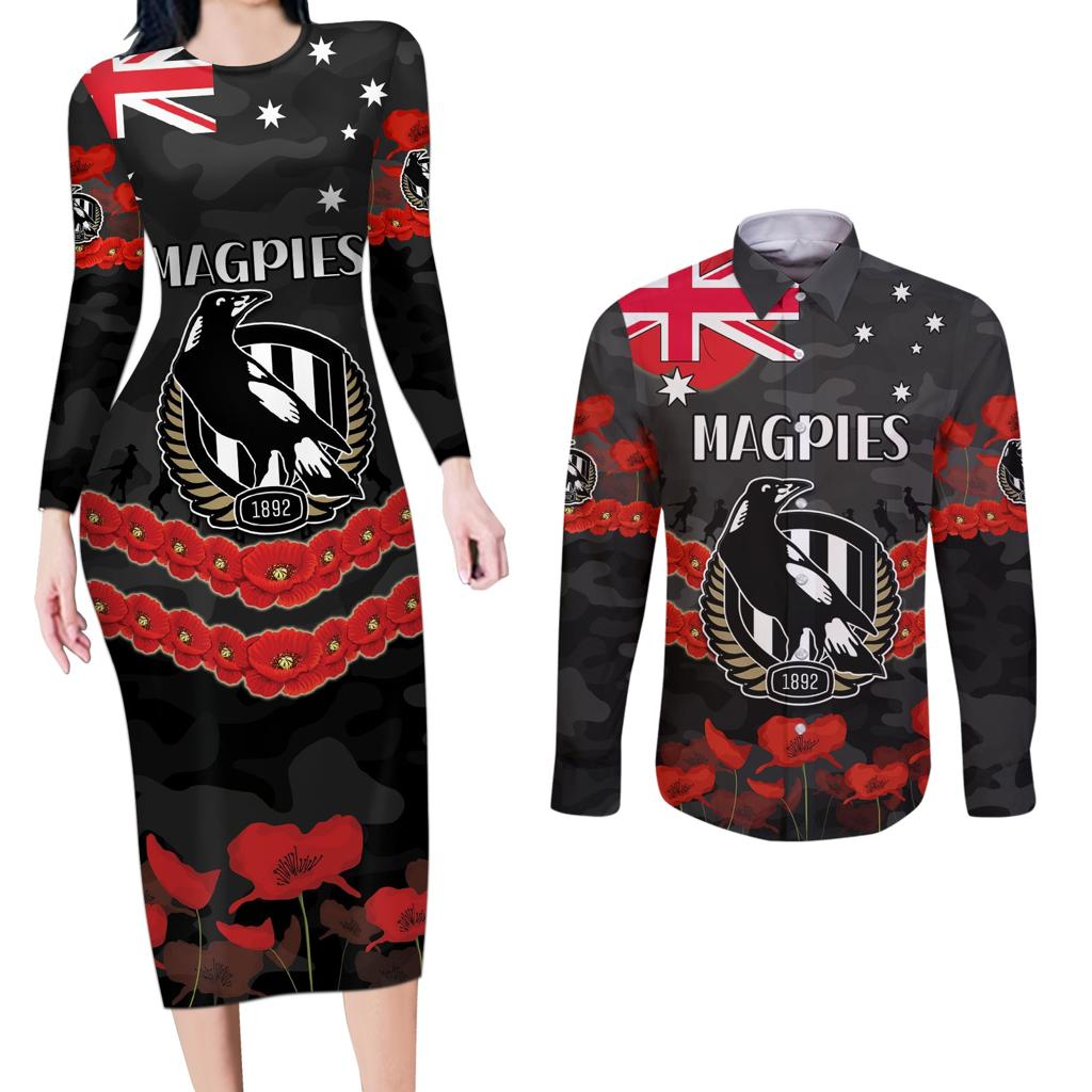Custom Magpies Football Couples Matching Long Sleeve Bodycon Dress and Long Sleeve Button Shirt ANZAC Lest We Forget
