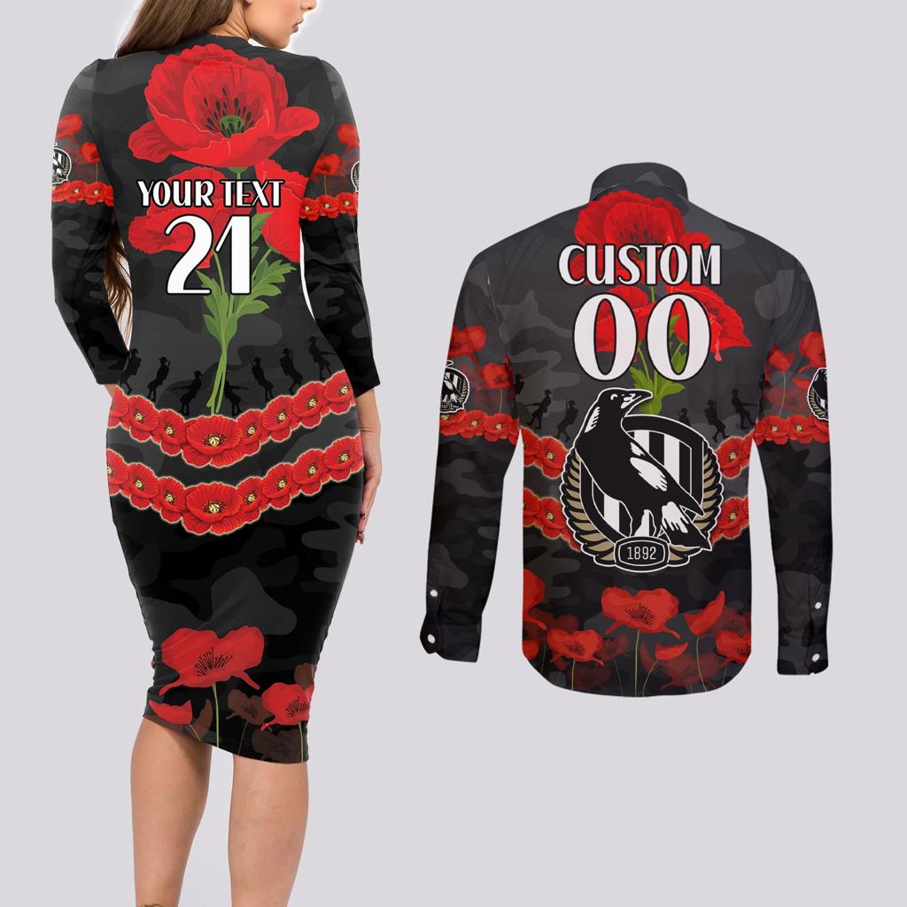 Custom Magpies Football Couples Matching Long Sleeve Bodycon Dress and Long Sleeve Button Shirt ANZAC Lest We Forget