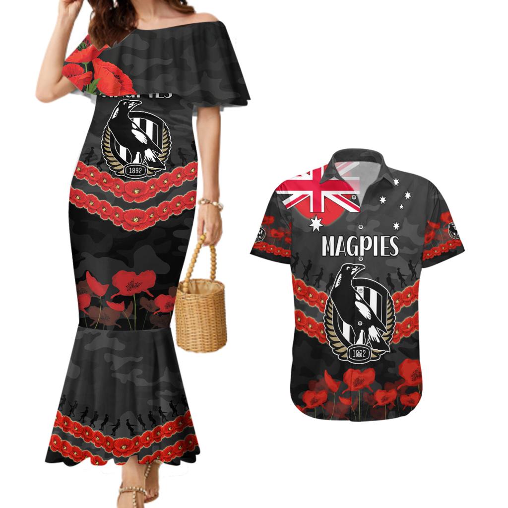 Custom Magpies Football Couples Matching Mermaid Dress and Hawaiian Shirt ANZAC Lest We Forget