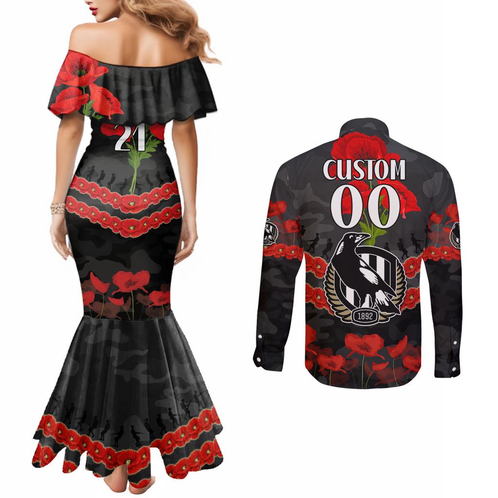 Custom Magpies Football Couples Matching Mermaid Dress and Long Sleeve Button Shirt ANZAC Lest We Forget