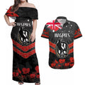 Custom Magpies Football Couples Matching Off Shoulder Maxi Dress and Hawaiian Shirt ANZAC Lest We Forget