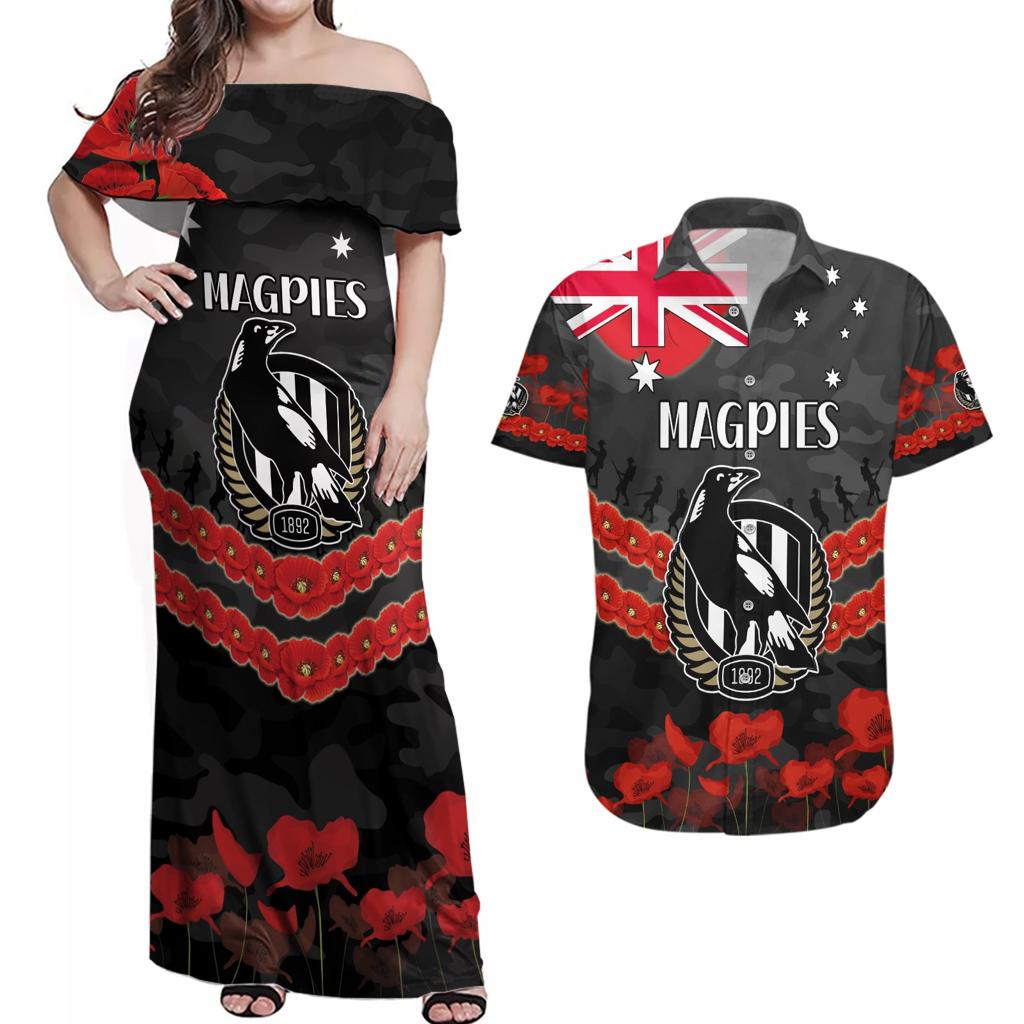 Custom Magpies Football Couples Matching Off Shoulder Maxi Dress and Hawaiian Shirt ANZAC Lest We Forget