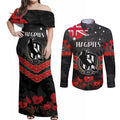 Custom Magpies Football Couples Matching Off Shoulder Maxi Dress and Long Sleeve Button Shirt ANZAC Lest We Forget