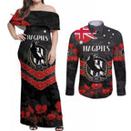 Custom Magpies Football Couples Matching Off Shoulder Maxi Dress and Long Sleeve Button Shirt ANZAC Lest We Forget