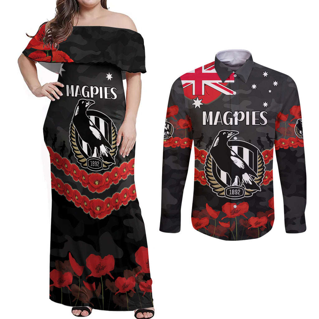 Custom Magpies Football Couples Matching Off Shoulder Maxi Dress and Long Sleeve Button Shirt ANZAC Lest We Forget