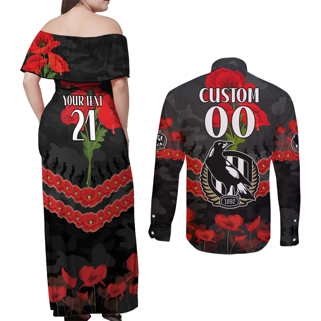 Custom Magpies Football Couples Matching Off Shoulder Maxi Dress and Long Sleeve Button Shirt ANZAC Lest We Forget