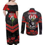 Custom Magpies Football Couples Matching Off Shoulder Maxi Dress and Long Sleeve Button Shirt ANZAC Lest We Forget
