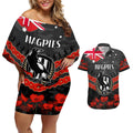 Custom Magpies Football Couples Matching Off Shoulder Short Dress and Hawaiian Shirt ANZAC Lest We Forget