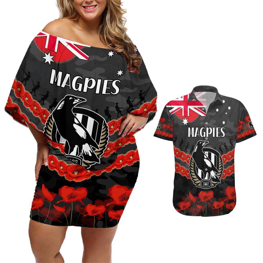 Custom Magpies Football Couples Matching Off Shoulder Short Dress and Hawaiian Shirt ANZAC Lest We Forget