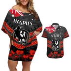 Custom Magpies Football Couples Matching Off Shoulder Short Dress and Hawaiian Shirt ANZAC Lest We Forget