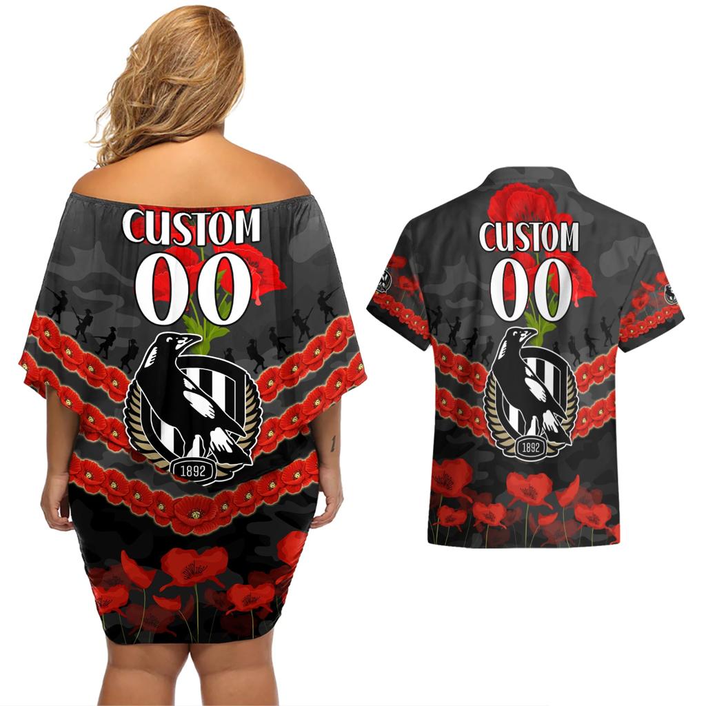 Custom Magpies Football Couples Matching Off Shoulder Short Dress and Hawaiian Shirt ANZAC Lest We Forget