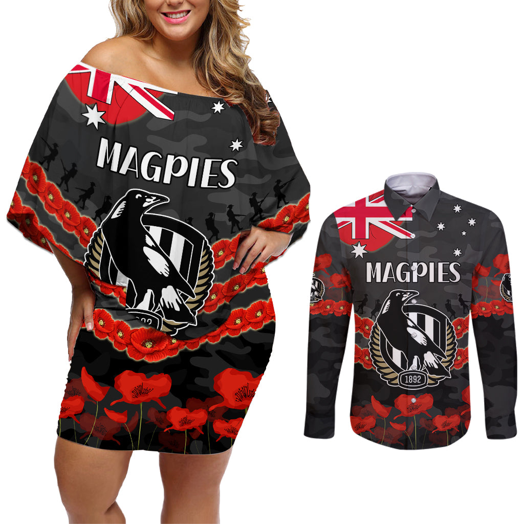 Custom Magpies Football Couples Matching Off Shoulder Short Dress and Long Sleeve Button Shirt ANZAC Lest We Forget