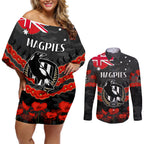 Custom Magpies Football Couples Matching Off Shoulder Short Dress and Long Sleeve Button Shirt ANZAC Lest We Forget