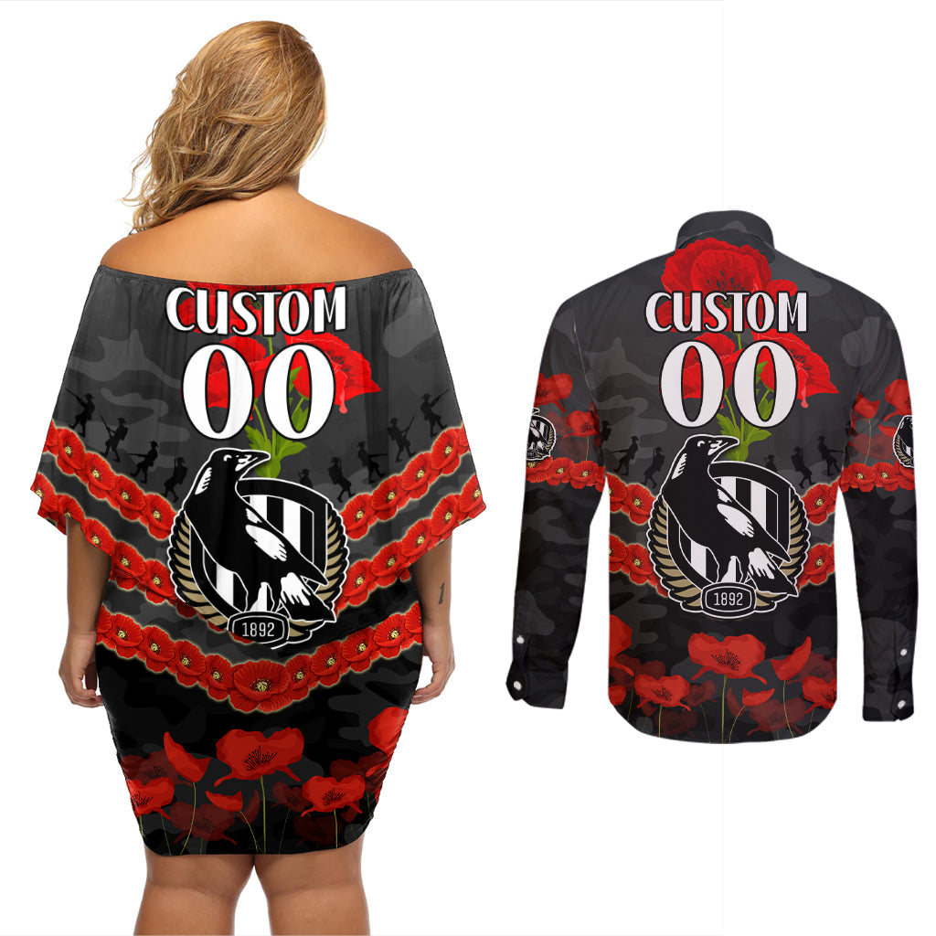 Custom Magpies Football Couples Matching Off Shoulder Short Dress and Long Sleeve Button Shirt ANZAC Lest We Forget