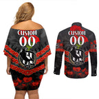 Custom Magpies Football Couples Matching Off Shoulder Short Dress and Long Sleeve Button Shirt ANZAC Lest We Forget