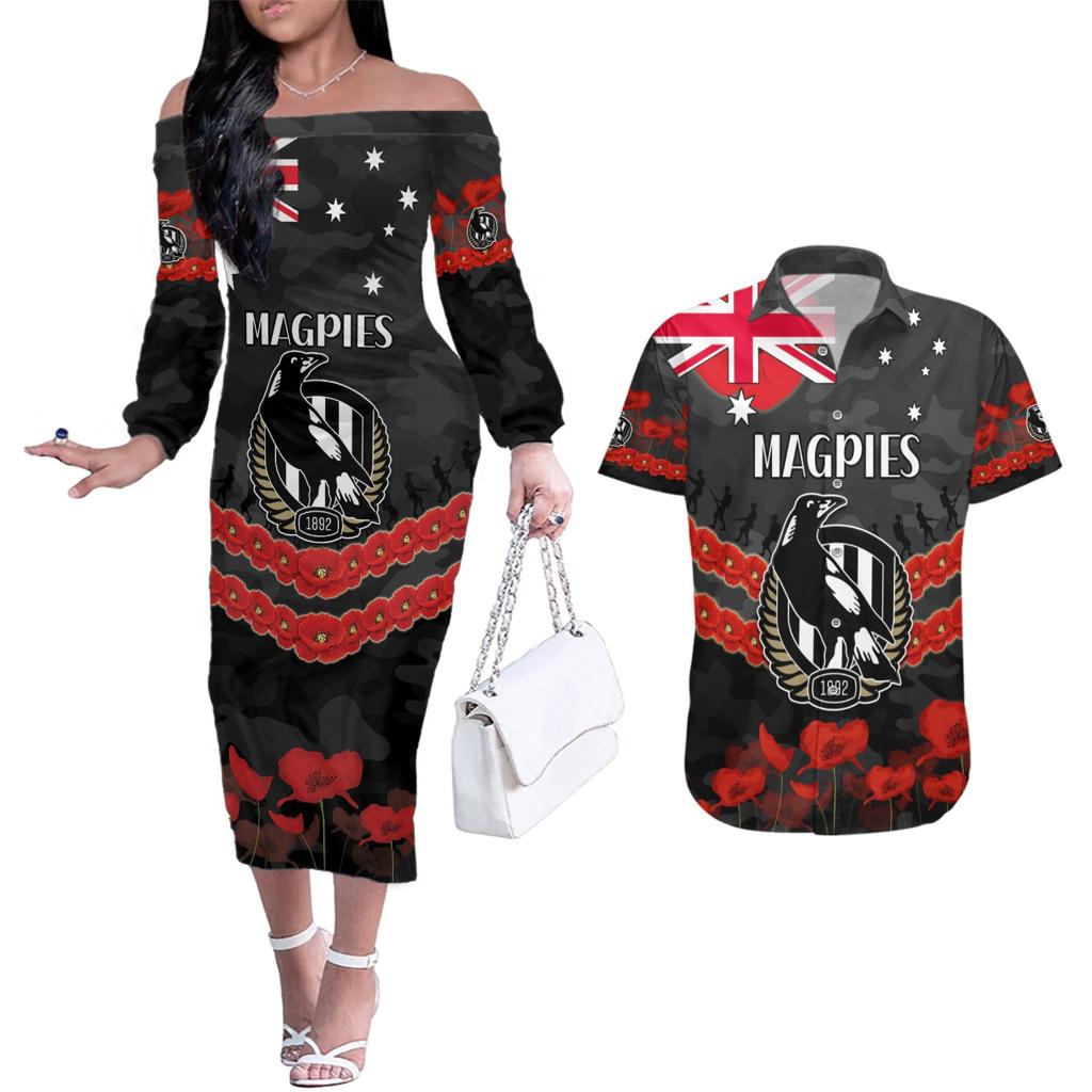 Custom Magpies Football Couples Matching Off The Shoulder Long Sleeve Dress and Hawaiian Shirt ANZAC Lest We Forget