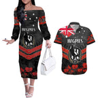 Custom Magpies Football Couples Matching Off The Shoulder Long Sleeve Dress and Hawaiian Shirt ANZAC Lest We Forget