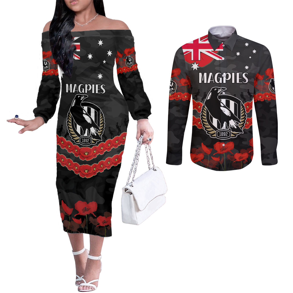 Custom Magpies Football Couples Matching Off The Shoulder Long Sleeve Dress and Long Sleeve Button Shirt ANZAC Lest We Forget