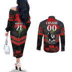 Custom Magpies Football Couples Matching Off The Shoulder Long Sleeve Dress and Long Sleeve Button Shirt ANZAC Lest We Forget
