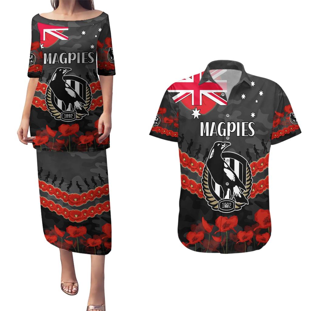 Custom Magpies Football Couples Matching Puletasi and Hawaiian Shirt ANZAC Lest We Forget