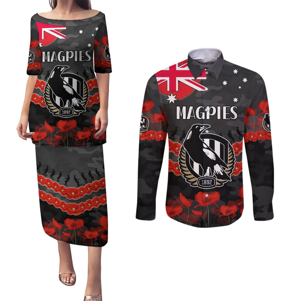 Custom Magpies Football Couples Matching Puletasi and Long Sleeve Button Shirt ANZAC Lest We Forget
