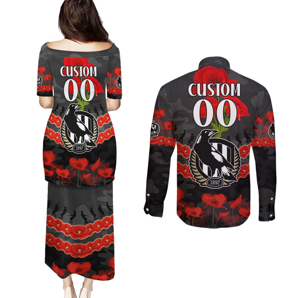 Custom Magpies Football Couples Matching Puletasi and Long Sleeve Button Shirt ANZAC Lest We Forget