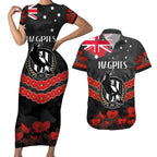 Custom Magpies Football Couples Matching Short Sleeve Bodycon Dress and Hawaiian Shirt ANZAC Lest We Forget