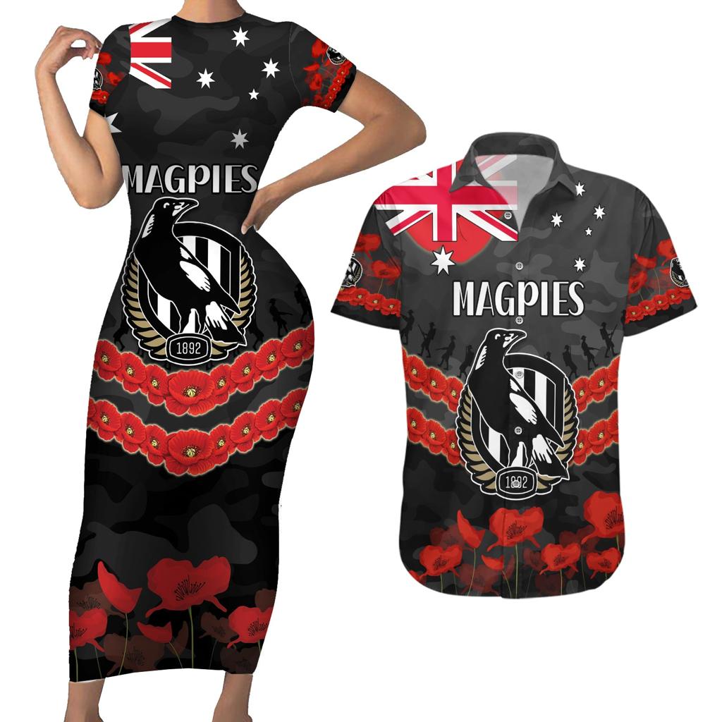 Custom Magpies Football Couples Matching Short Sleeve Bodycon Dress and Hawaiian Shirt ANZAC Lest We Forget