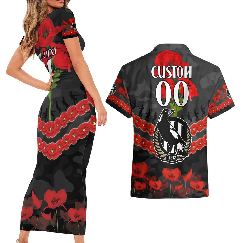 Custom Magpies Football Couples Matching Short Sleeve Bodycon Dress and Hawaiian Shirt ANZAC Lest We Forget