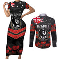 Custom Magpies Football Couples Matching Short Sleeve Bodycon Dress and Long Sleeve Button Shirt ANZAC Lest We Forget