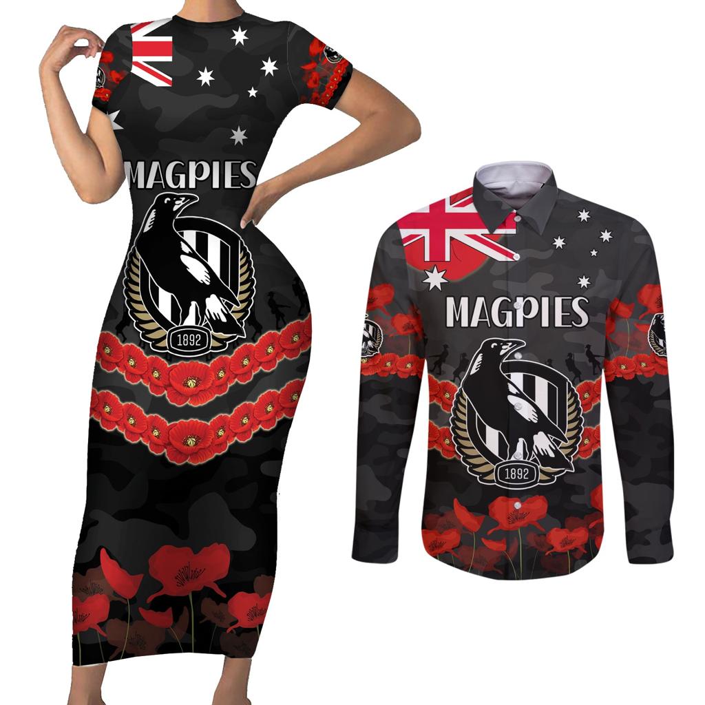 Custom Magpies Football Couples Matching Short Sleeve Bodycon Dress and Long Sleeve Button Shirt ANZAC Lest We Forget