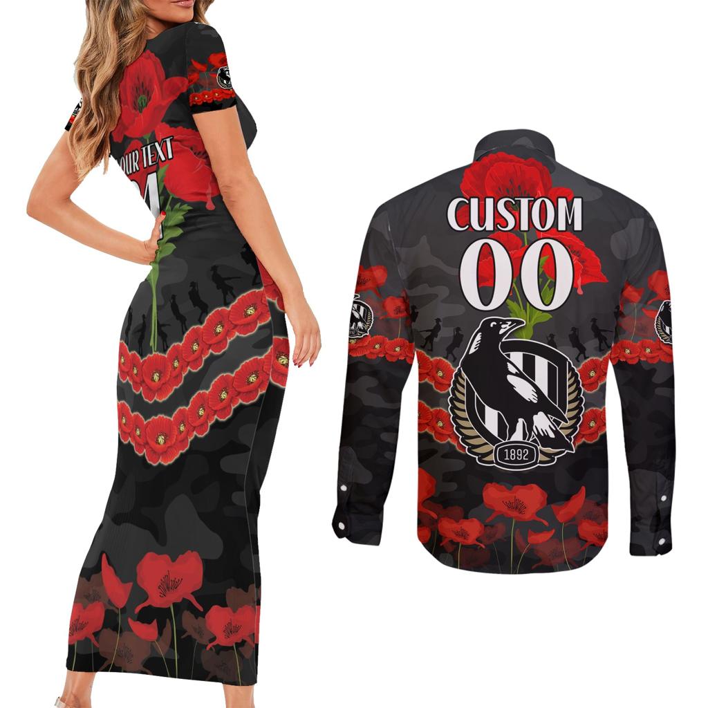 Custom Magpies Football Couples Matching Short Sleeve Bodycon Dress and Long Sleeve Button Shirt ANZAC Lest We Forget
