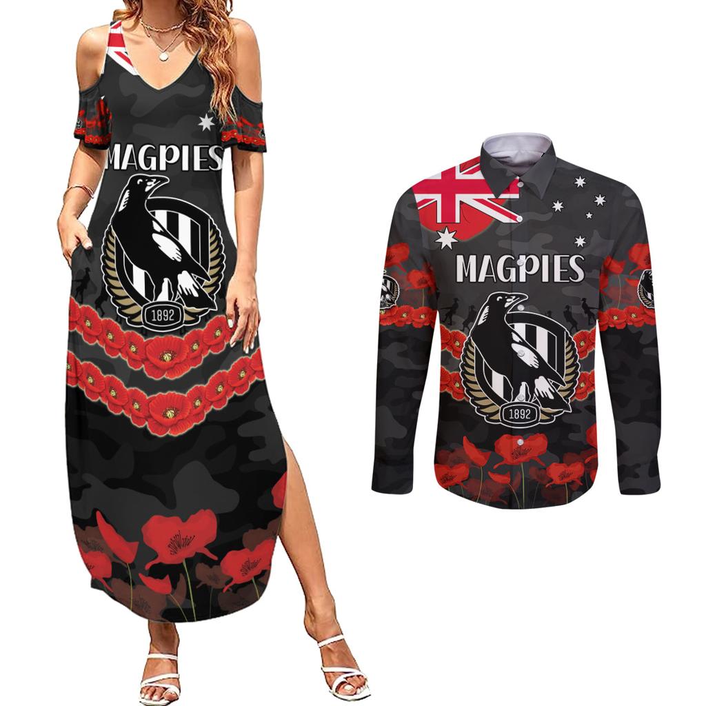 Custom Magpies Football Couples Matching Summer Maxi Dress and Long Sleeve Button Shirt ANZAC Lest We Forget