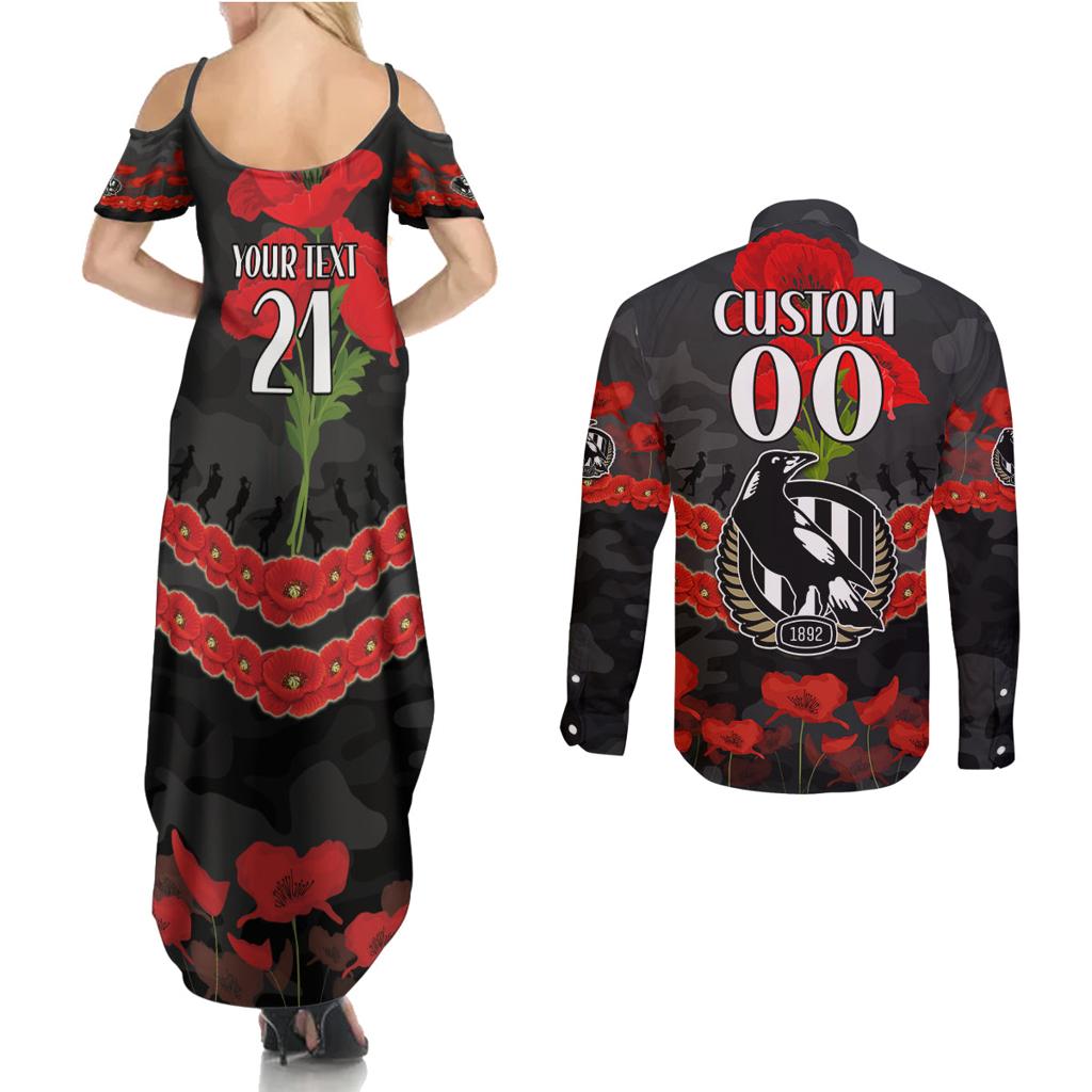 Custom Magpies Football Couples Matching Summer Maxi Dress and Long Sleeve Button Shirt ANZAC Lest We Forget