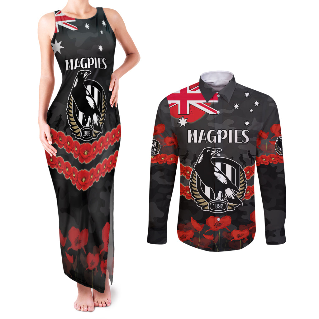 Custom Magpies Football Couples Matching Tank Maxi Dress and Long Sleeve Button Shirt ANZAC Lest We Forget