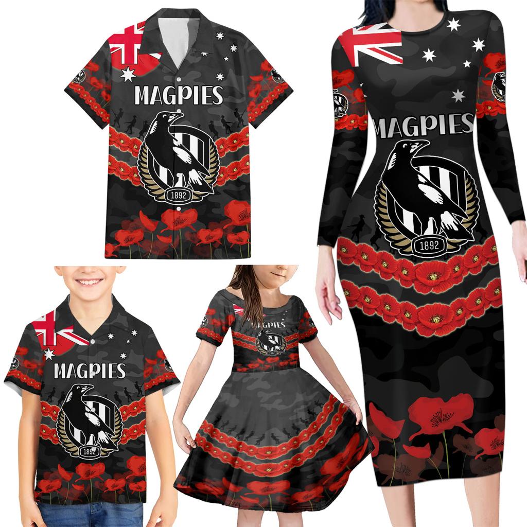 Custom Magpies Football Family Matching Long Sleeve Bodycon Dress and Hawaiian Shirt ANZAC Lest We Forget