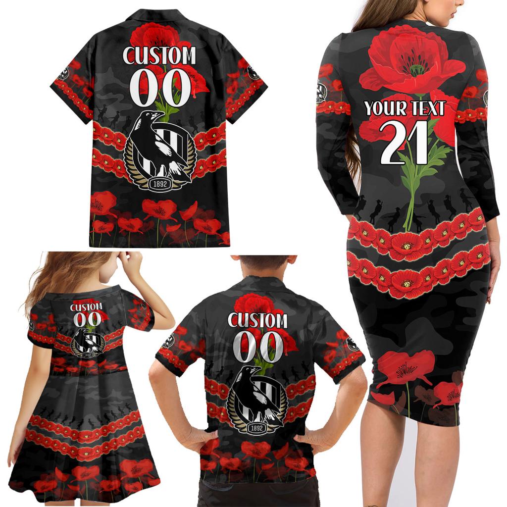 Custom Magpies Football Family Matching Long Sleeve Bodycon Dress and Hawaiian Shirt ANZAC Lest We Forget