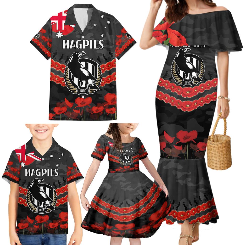 Custom Magpies Football Family Matching Mermaid Dress and Hawaiian Shirt ANZAC Lest We Forget