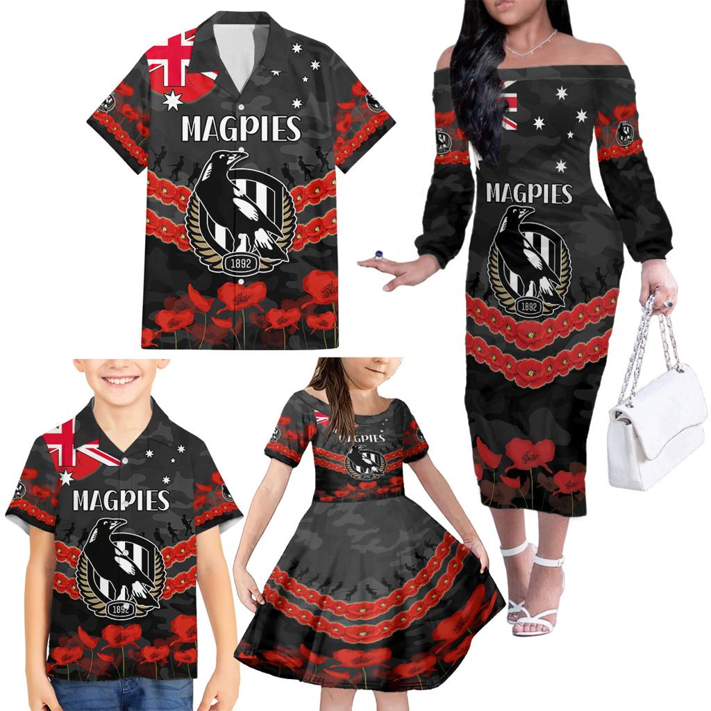 Custom Magpies Football Family Matching Off The Shoulder Long Sleeve Dress and Hawaiian Shirt ANZAC Lest We Forget