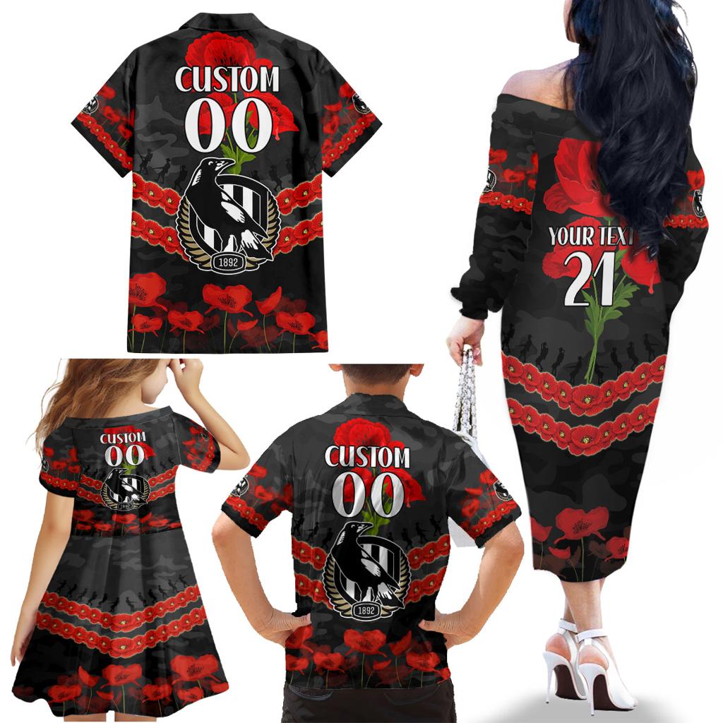 Custom Magpies Football Family Matching Off The Shoulder Long Sleeve Dress and Hawaiian Shirt ANZAC Lest We Forget