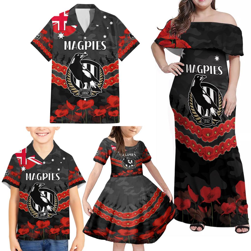 Custom Magpies Football Family Matching Off Shoulder Maxi Dress and Hawaiian Shirt ANZAC Lest We Forget