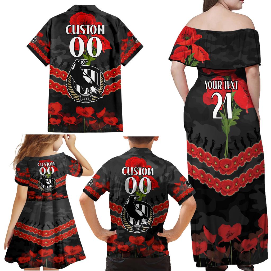 Custom Magpies Football Family Matching Off Shoulder Maxi Dress and Hawaiian Shirt ANZAC Lest We Forget