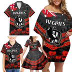 Custom Magpies Football Family Matching Off Shoulder Short Dress and Hawaiian Shirt ANZAC Lest We Forget