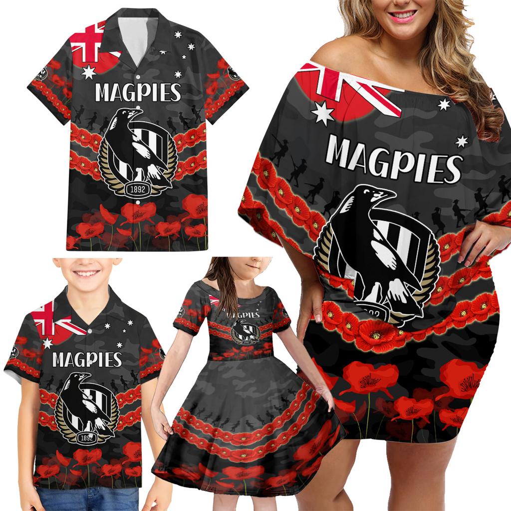 Custom Magpies Football Family Matching Off Shoulder Short Dress and Hawaiian Shirt ANZAC Lest We Forget
